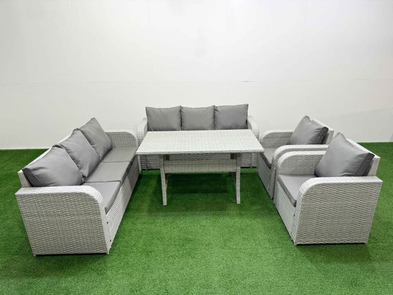 Fimous PE Rattan High Back Lounge Sofa Set Patio Rectangular Dining Table & Chairs Set with 3 Seater Sofa Reclining Chair Light Grey