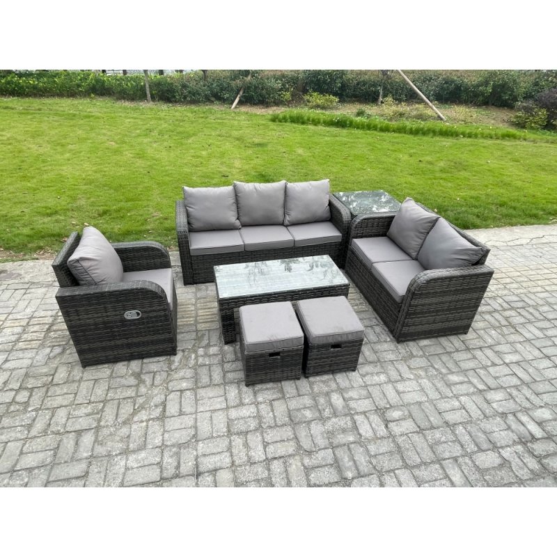 Fimous 8 Seater High Back Rattan Garden Furniture Set with Loveseat Sofa Rectangular Coffee Table Side Table Indoor Outdoor Patio Lounge Sofa Set Dark Grey Mixed