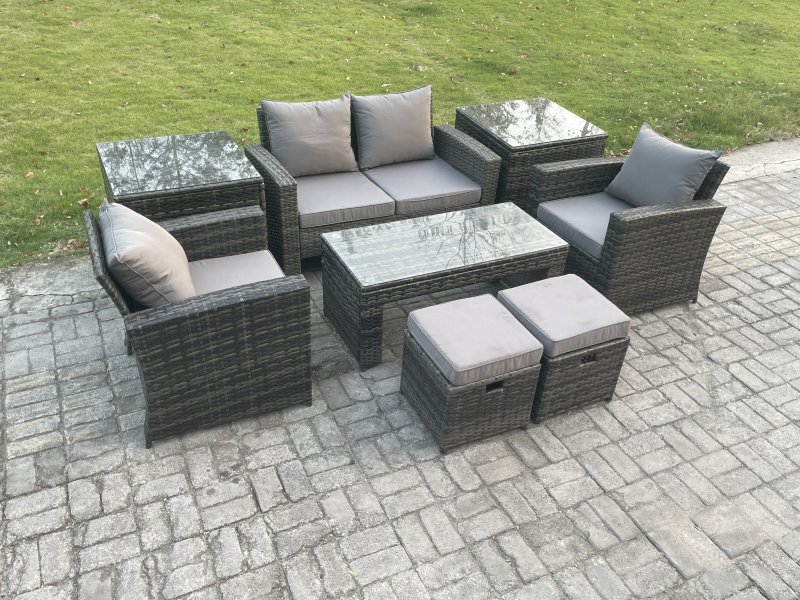 Fimous 8 PCS Outdoor Lounge Sofa Set Wicker PE Rattan Garden Furniture Set with Rectangular Coffee Table Armchair 2 Small Footstools Dark Grey Mixed