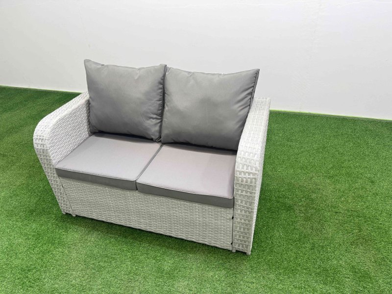 Fimous 7 Seater Outdoor Love Sofa Set Rattan Garden Furniture Set with Rectangular Dining Table 3 Footstool Side Table Light Grey