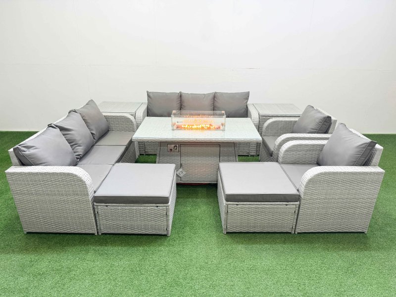 Fimous PE Rattan High Back Lounge Sofa Set Patio Firepit Dining Table & Chairs Set with 3 Seater Sofa Reclining Chair 2 Big Footstool 2 Side Table Light Grey