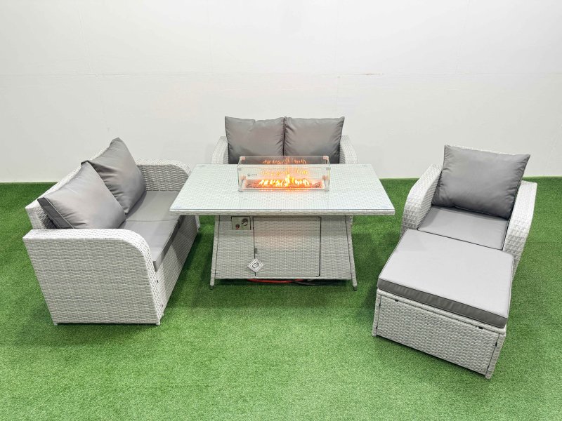 Fimous High Back Poly Rattan Garden Furniture Set with Reclining Chair Loveseat Sofa Firepit Dining Table Indoor Outdoor Patio Set Big Stool Light Grey