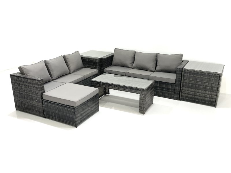 Fimous Garden Outdoor Rattan Furniture Set with Sofa Coffee table Big Footstool 2 Side Tables Dark Grey Mixed