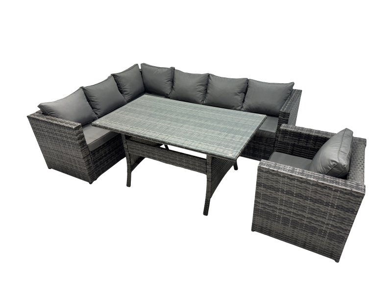 Fimous Outdoor PE Rattan Sofa Set with Dining Table Patio Garden Furniture Sets with Chair Dark Grey Mixed