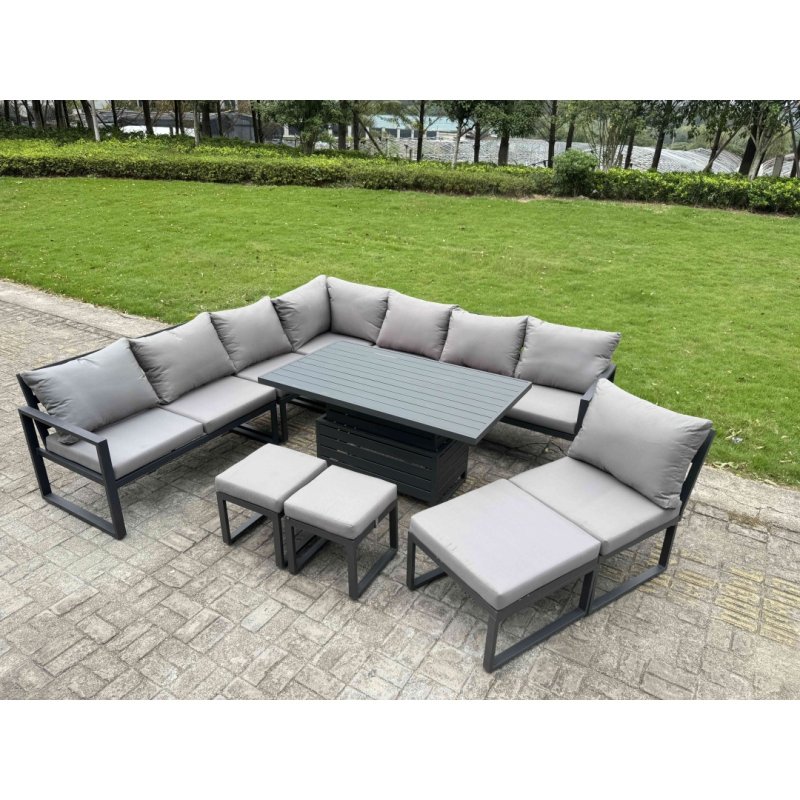 Fimous 9 Pieces Aluminium Garden Furniture Set with Cushions, Patio Furniture Set with Adjustable Rising Lifting Dining Table 2 Big Footstools Dark Grey