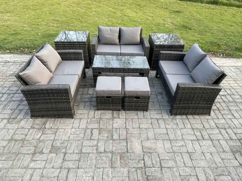 Fimous Outdoor U Shape Sofa Set Wicker PE Rattan Garden Furniture Set with Coffee Table Double Seat Sofa 2 Small Footstools 2 Side Tables Dark Grey Mixed