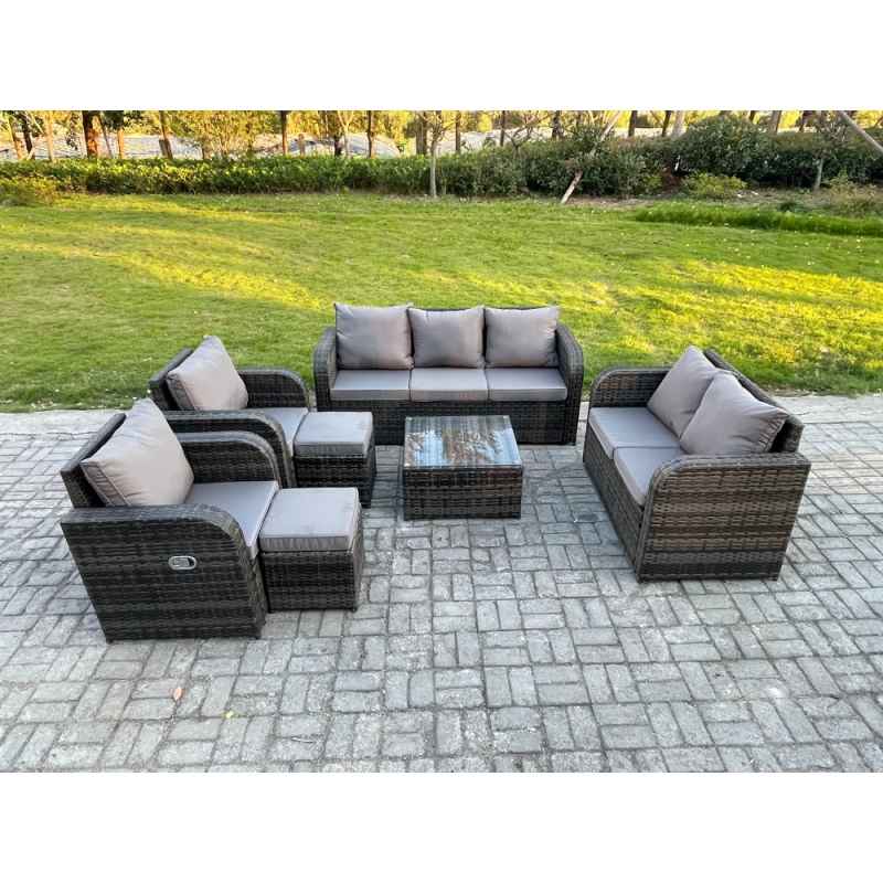 Fimous 9 Seater Garden Furniture Set Rattan Outdoor Lounge Sofa Chair With Tempered Glass Table 2 Small Footstools Dark Grey Mixed