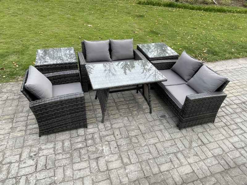 Fimous Wicker PE Rattan Garden Dining Set Outdoor Furniture Sofa with Rectangular Dining Table Love Seat Sofa 2 Side Tables Dark Grey Mixed