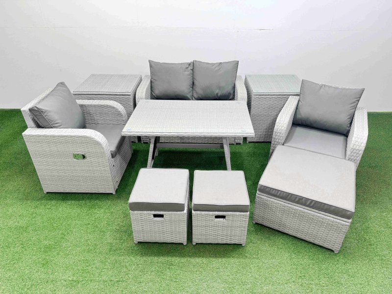Fimous Light Grey PE Wicker Rattan Garden Furniture Set Sofa Set Reclining Chair Love Sofa Rectangular Dining Table 3 Stools 2 Side Tables