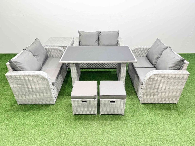 Fimous 8 Seater Patio Garden Furniture Sets with Black Glass Top Dining Table Love Sofa Side Table 2 Small Stool Light Grey