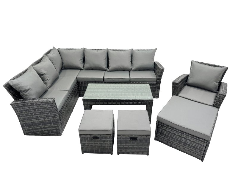 Fimous 10 Seat Poly Rattan Outdoor Patio Oblong Coffee Table Corner Sofa Set with 3 Stool Chair for Garden Backyard Dark Grey Mixed