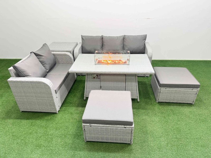 Fimous 7 Seater PE Rattan Wicker Garden Furniture Patio Conservatory Sofa Set with Firepit Dining Table 3 Seater Sofa Love Sofa 2 Big Footstool Side Table