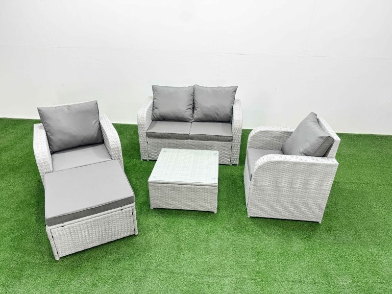 Fimous Light Grey PE Wicker Rattan Garden Furniture Set Sofa Set Reclining Adjustable Chair Square Coffee Table 5 Seater With Footstool