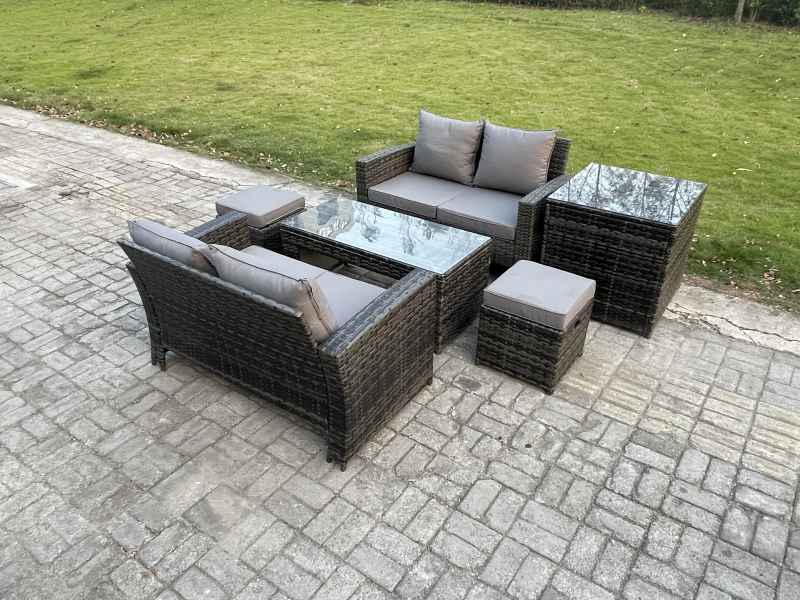 Fimous 6 Pieces Garden Furniture Sets Poly Rattan Outdoor Patio Furniture PE Wicker Furniture Set with Side Table 2 Small Footstool Loveseat and Table for Garden Backyard Dark Grey Mixed