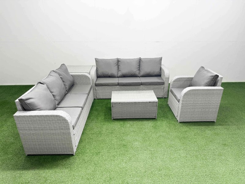 Fimous 7 Seater Poly Rattan Outdoor Garden Furniture Sofa Set Patio 3 Seater Sofa Reclining Chair 3 Seater Sofa Side Table Light Grey