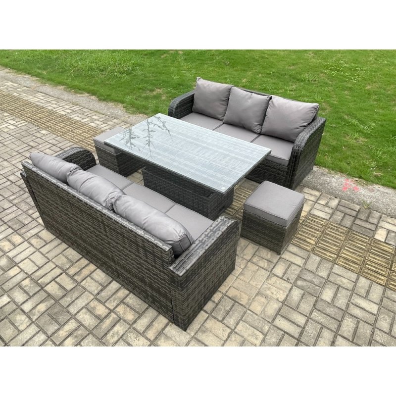 Fimous 8 Seater Outdoor Rattan Garden Furniture Sets Height Adjustable Rising lifting Dining Table Sofa Set with 2 Small Footstools Dark Grey Mixed