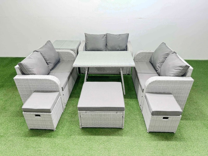 Fimous Rattan Garden Furniture Dining Set 9-seater Patio Rectangular Table Love Sofa Set with Side Table 3 Stools