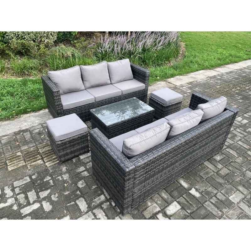 Fimous 8 Seater Rattan Garden Furniture Set Outdoor Patio Sofa Set with Oblong Coffee Table 2 Small Footstools Dark Grey Mixed