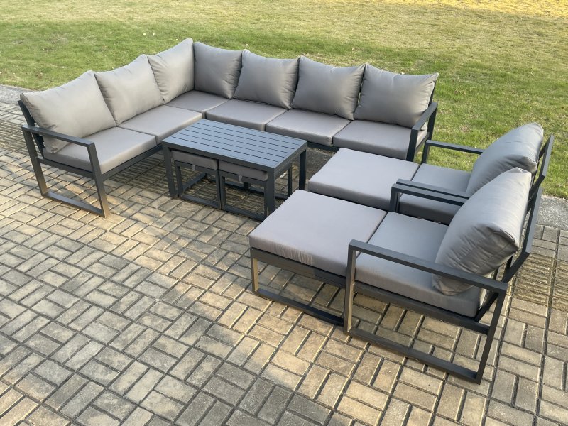 Fimous Aluminium Outdoor Garden Furniture Set Patio Lounge Sofa with Oblong Coffee Table Chair 2 Small Footstools Big Footstool Dark Grey