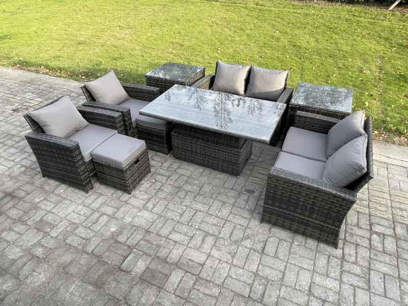 Fimous Outdoor Garden Furniture Sets 9 Pieces Wicker Rattan Furniture Sofa Dining Table Set with 2 Small Footstools 2 Side Tables Dark Grey Mixed