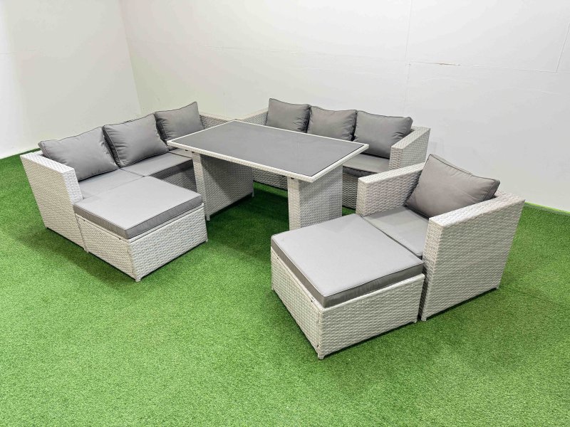 Fimous Patio Garden Furniture Sets with Black Glass Top Dining Table 3 Seater Sofa Armchair 2 Big Stool Light Grey