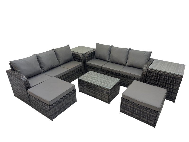Fimous Outdoor 3 Seater Sofa Coffee Table Set Garden Rattan Furniture Set 8 Seater with 2 Big Stool 2 Side Tables Dark Grey