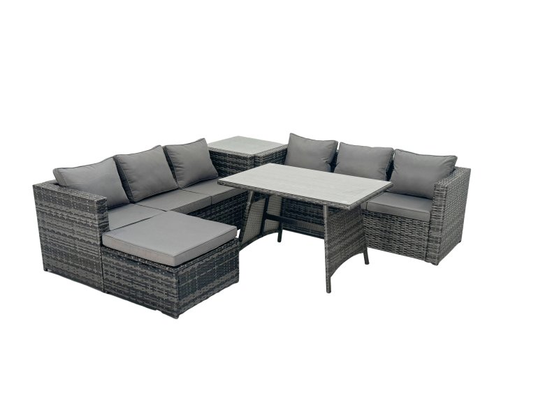 Fimous Rattan Dining Table Sofa Set with Side Table 2 Big Footstools Outdoor Garden Furniture Set Dark Grey Mixed