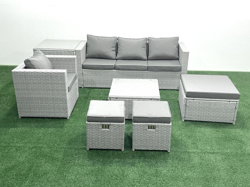 Fimous Garden Outdoor Furniture Set 7 Seater Rattan Sofa Set with 3 Footstools Armchair Side Table Light Grey Mixed