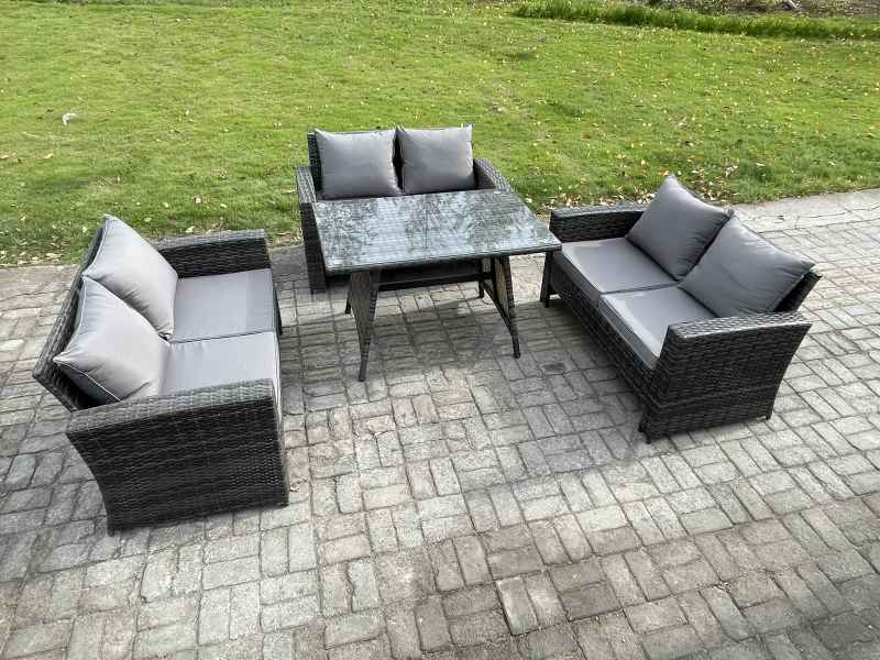 Fimous 6 Seater Rattan Wicker Garden Furniture Patio Conservatory Sofa Set with Rectangular Dining Table Love Seat Sofa