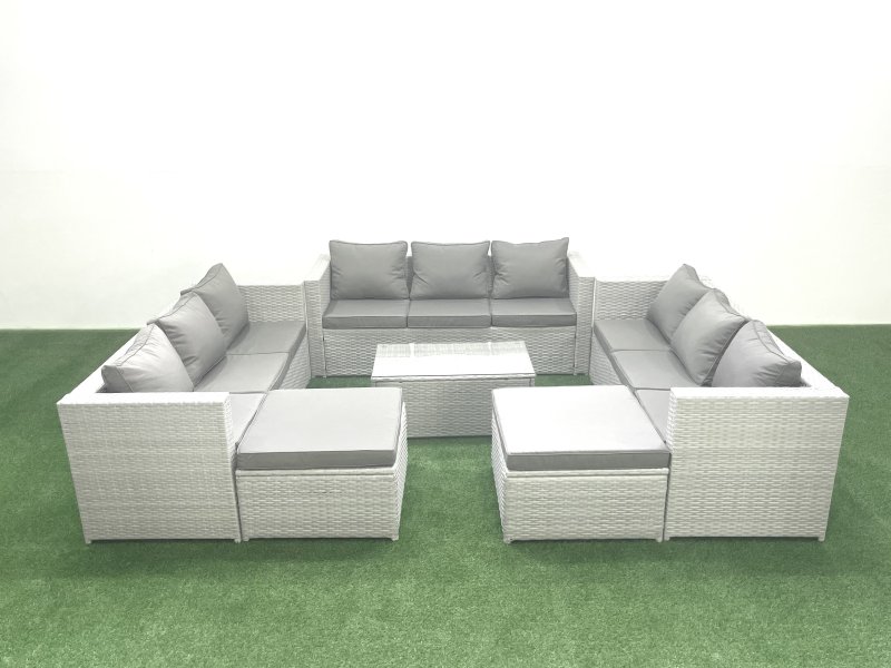 Fimous Rattan Garden Outdoor Furniture Set 11 Seater Garden Sofa Coffee Table Set with 2 Big Footstools Light Grey Mixed