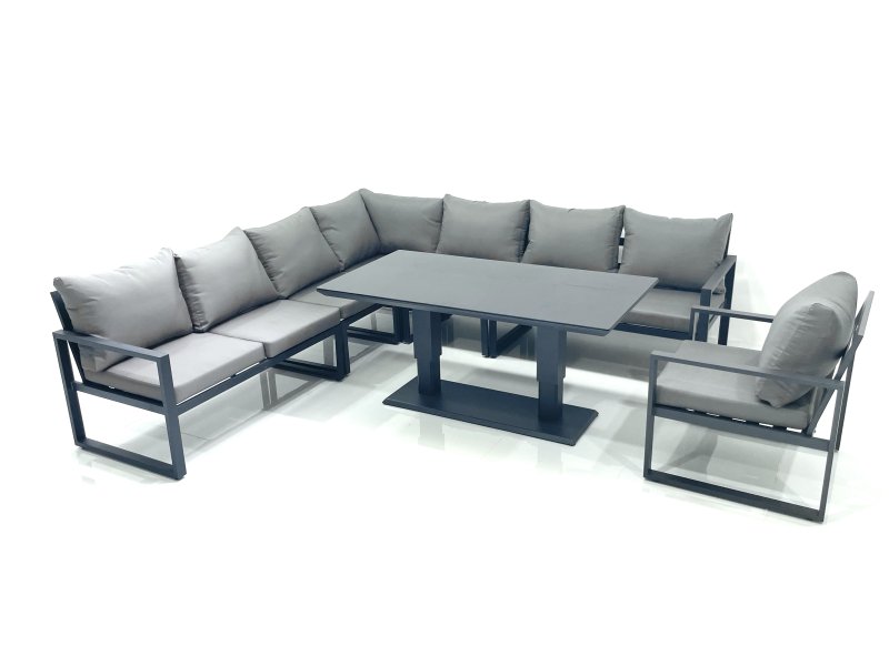 Fimous 8 Seater Outdoor Aluminum Garden Furniture Set Corner Sofa Chair Adjustable Rising Lifting Dining Table Sets Dark Grey