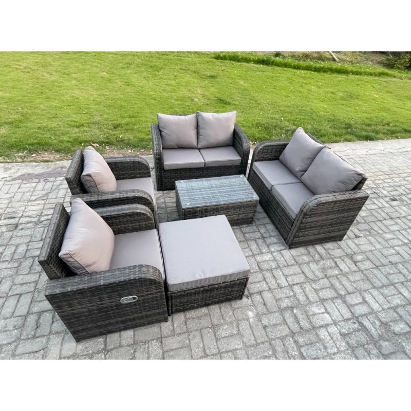 Fimous Rattan Garden Furniture Set Patio Outdoor Lounge Sofa Set with 2 Reclining Chairs Rectangular Coffee Table Big Footstool Dark Grey Mixed