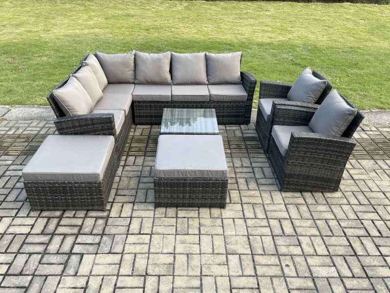 Fimous 10 Seat Rattan Garden Furniture Corner Sofa Set Outdoor Patio Sofa Table Set with 2 Big Footstool Dark Grey Mixed