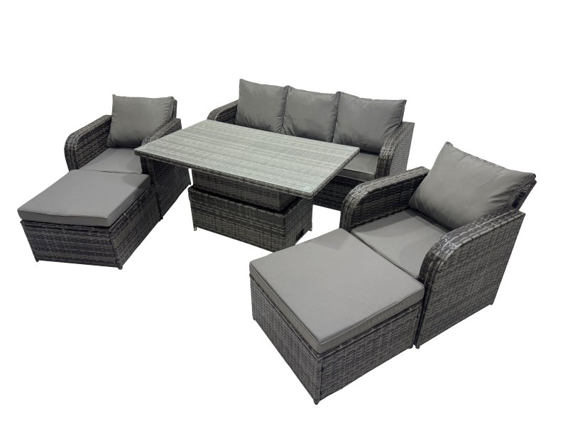 Fimous Rattan Garden Furniture Dining Set 6-seater Patio Height Adjustable Rising Lifting Table Sofa Set with 2 Big Footstools Dark Grey Mixed