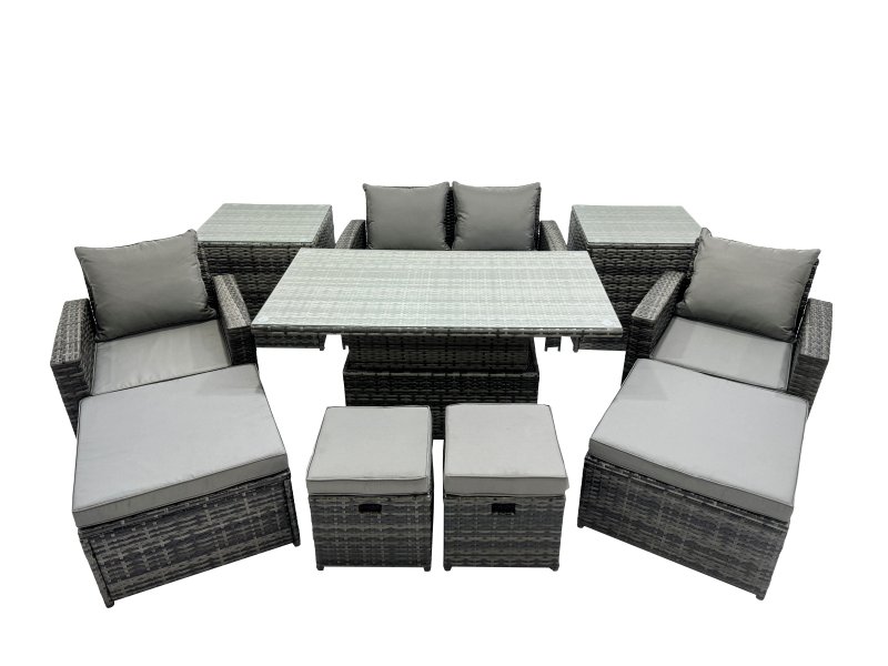 Fimous Outdoor Love Sofa Set 8 Seat Rattan Garden Furniture Set with Adjustable Lifting Dining or Coffee Table 4 Stools 2 Side Table Dark Grey Mixed