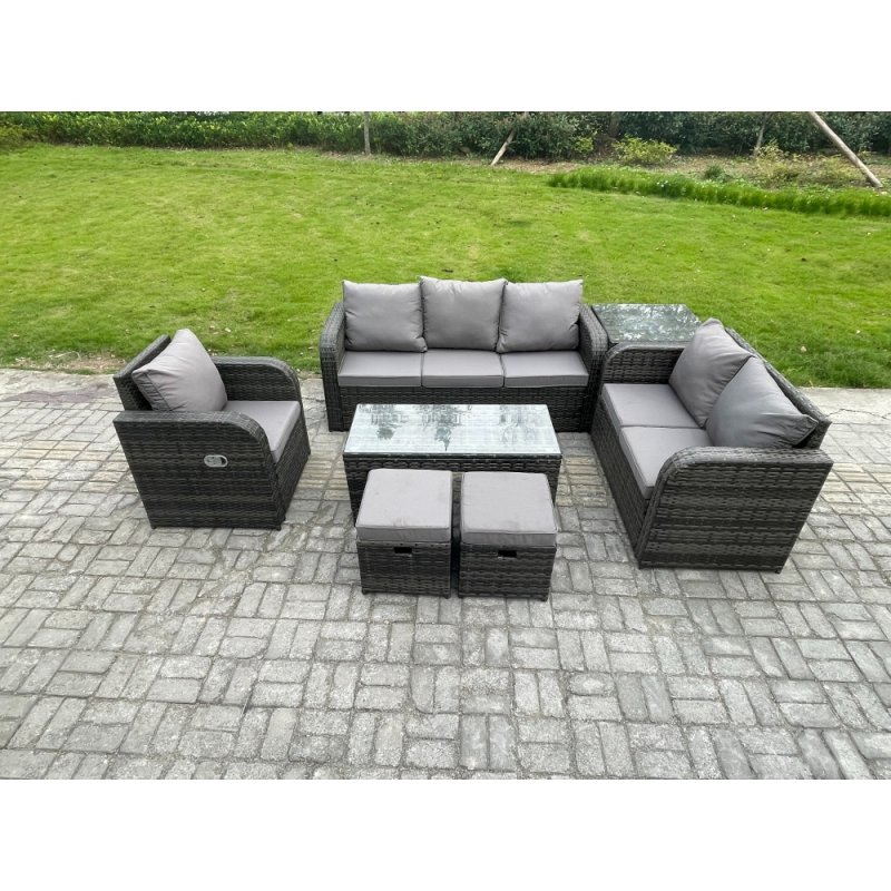 Fimous 8 Seater High Back Rattan Garden Furniture Set with Loveseat Sofa Rectangular Coffee Table Side Table Indoor Outdoor Patio Lounge Sofa Set Dark Grey Mixed