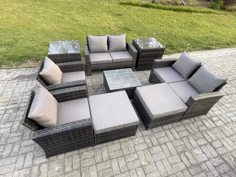 Fimous Outdoor Garden Furniture Sets 9 Pieces Wicker Rattan Furniture Manual Wicker Patio Sofa Patio Conversation Set with 2 Big Footstool 2 Side Tables Dark Grey Mixed