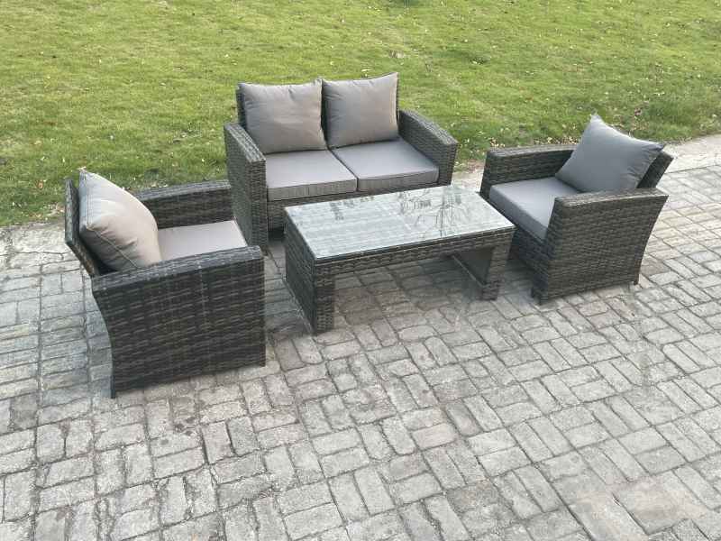 Fimous Outdoor Rattan Garden Furniture Set 4 Seater Patio Lounge Sofa Set with Coffee Table Dark Grey Mixed