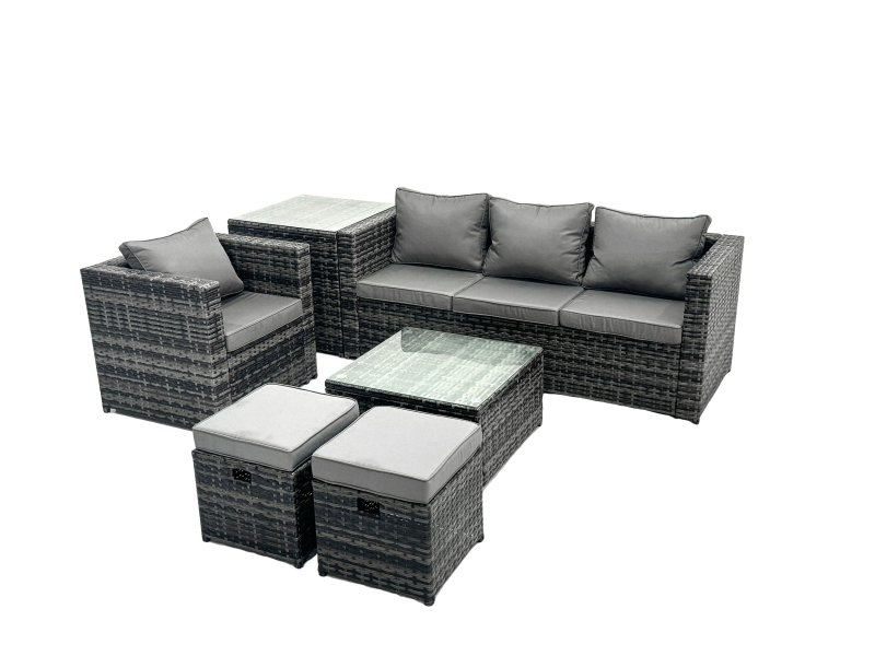Fimous Outdoor Rattan Garden Furniture Set 6 Seater Patio Lounge Sofa Set with Armchair Square Coffee Table Side Table 2 Small Footstools Dark Grey Mixed