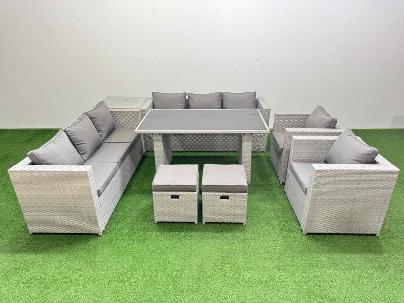 Fimous 10 Seater Wicker PE Rattan Furniture Outdoor Dining Table 3 Seater Sofa Armchair Set with Side Table 2 Small Stools Light Grey