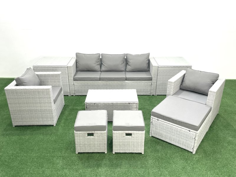 Fimous Rattan Garden Outdoor Furniture Sofa Set with Rectangular Coffee Table 2 Chairs 3 Footstools 2 Side Tables Light Grey Mixed
