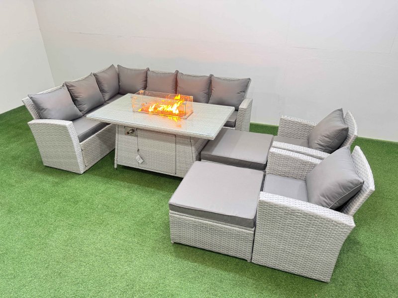 Fimous Outdoor Furniture Garden Dining Set Rattan Corner Sofa Chair Sets Gas Fire Pit Table with Temper Glass Footstools 10 Seater Light Grey Mixed