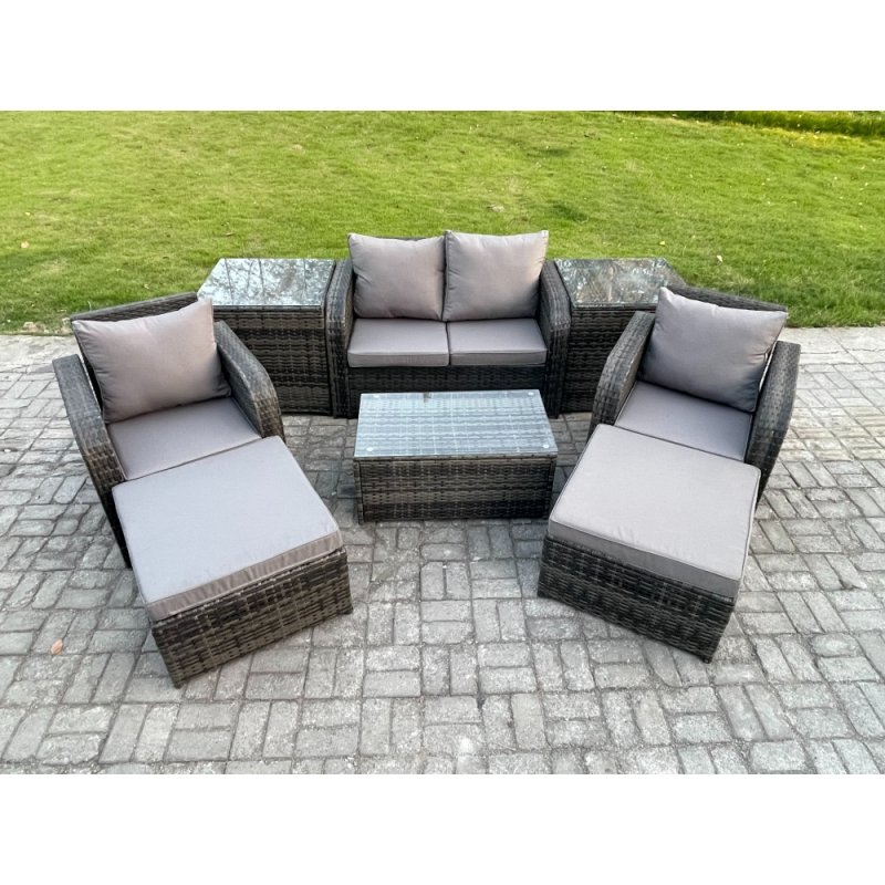 Fimous 6 Seater Outdoor Lounge Sofa Set Rattan Garden Furniture Set with Rectangular Coffee Table 2 Big Footstool 2 Side Tables Dark Grey Mixed