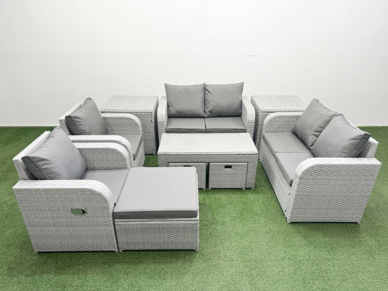 Fimous 9 Seater Outdoor Reclining Chair Love Sofa Set Rattan Garden Furniture Set with Oblong Coffee Table 3 Stools 2 Side Table Light Grey