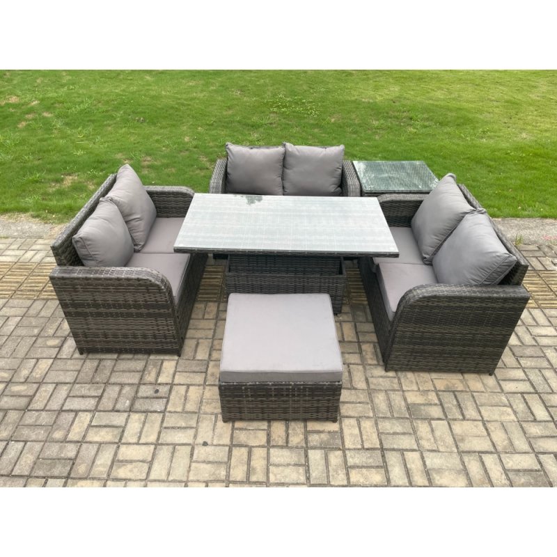 Fimous Rattan Garden Outdoor Furniture 3 PC Love Sofa Set Patio Adjustable Rising lifting Dining Table With Side Table Big Footstool