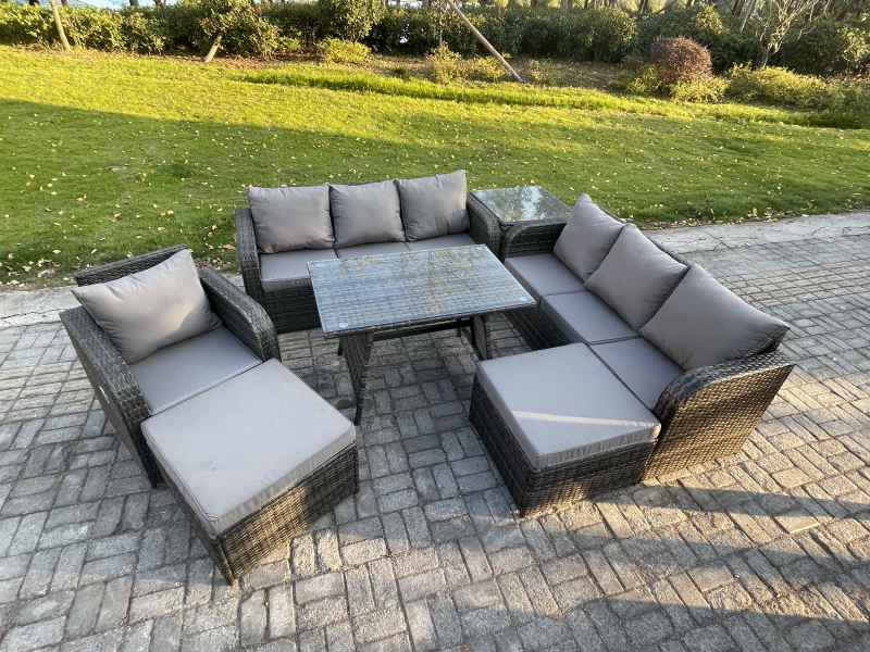 Fimous Wicker 7 Pieces Rattan Garden Furniture Sofa Set with Rectangular Dining Table Armchair 2 Big Footstool Side Table Dark Grey Mixed