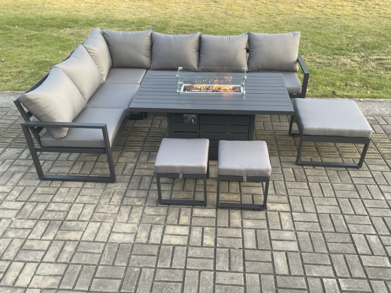 Fimous Aluminium 8 Pieces Garden Furniture Corner Sofa Set with Cushions Gas Fire Pit Dining Table Set with 3 Footstools Dark Grey