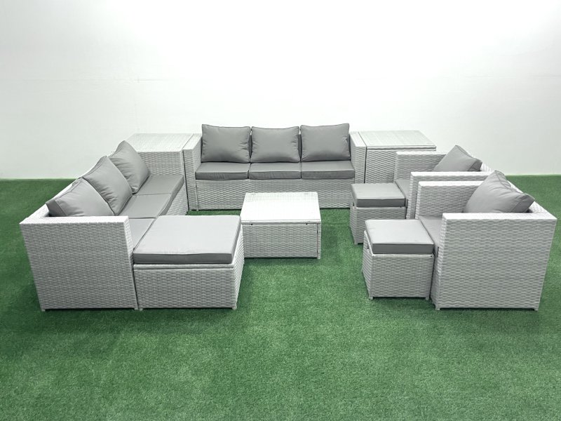 Fimous Outdoor Rattan Sofa Garden Furniture Set with 2 Armchairs Square Coffee Table 3 Footstools 2 Side Tables Light Grey Mixed