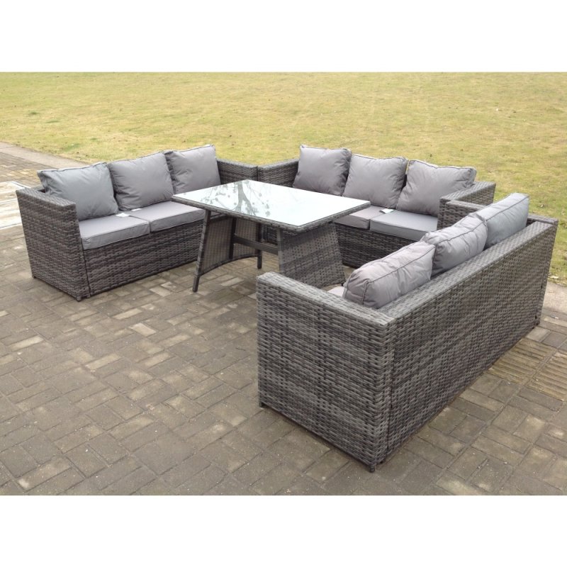 Fimous Outdoor Rattan Garden Furniture Lounge Sofa Set With Oblong Dining Table With Clear Tempered Glass