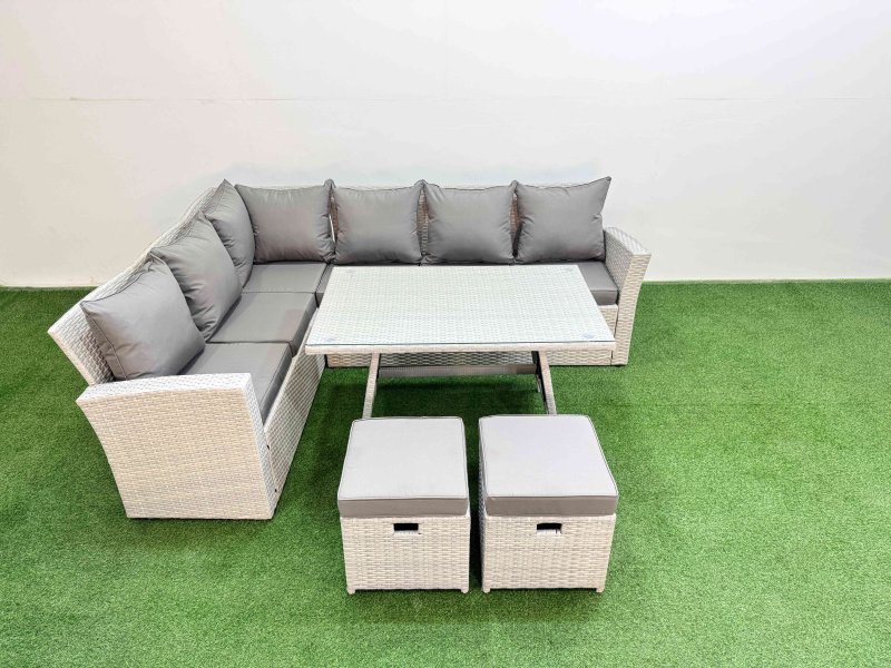 Fimous Garden Outdoor Rattan Furniture Set Rattan Corner Sofa Oblong Dining Table Set with 2 Small Footstools Light Grey Mixed 8 Seater